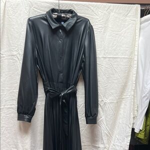Faux leather midi long sleeve collared dress with pleated bottom and tie detail